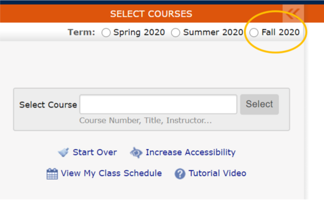 Tiger scheduler select courses page with desired term selected