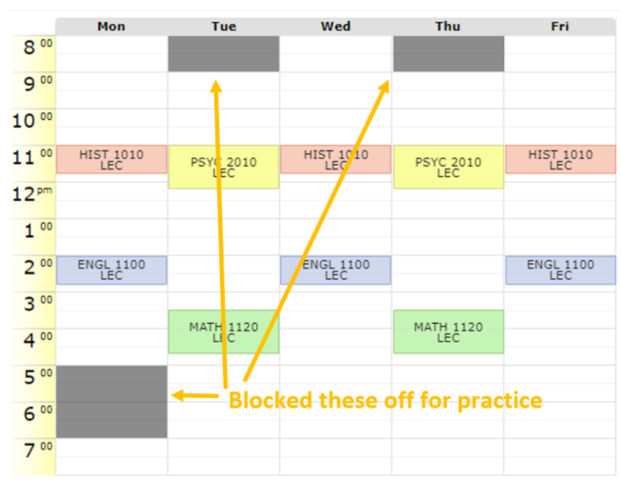 Tiger Scheduler layout displaying what blocked off grids look like