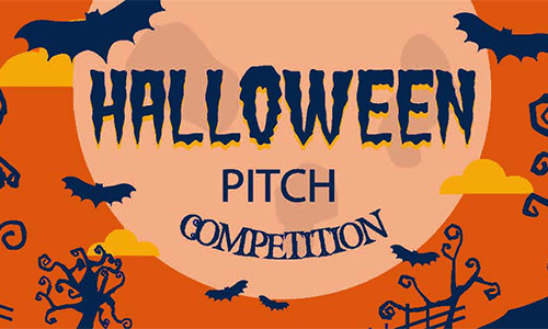 Orange Halloween Pitch Competition graphic with dark blue bats and pumpkins