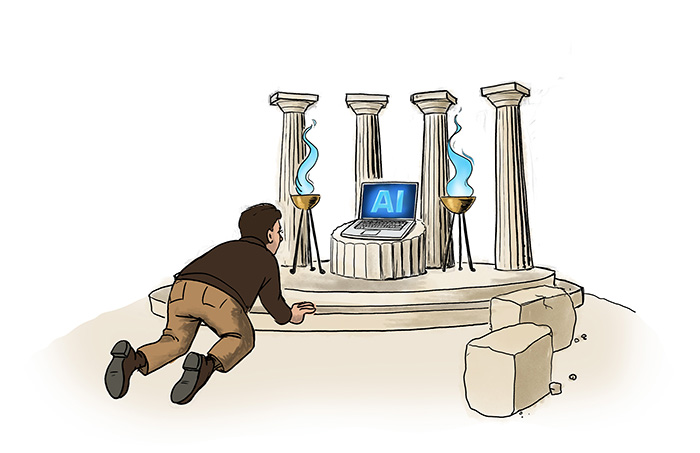 ai oracle drawing cartoon of man kneeling ai pedestal