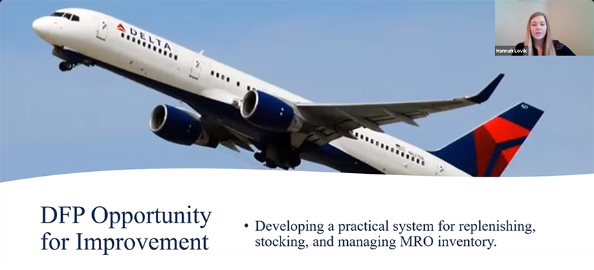 Delta plane with underlying text: DFP Opportunity for Improvement; Developing a practical system for replenishing, stocking, and managing MRO inventory