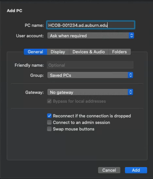 Screenshot of adding a PC Remote Desktop to a MacOS