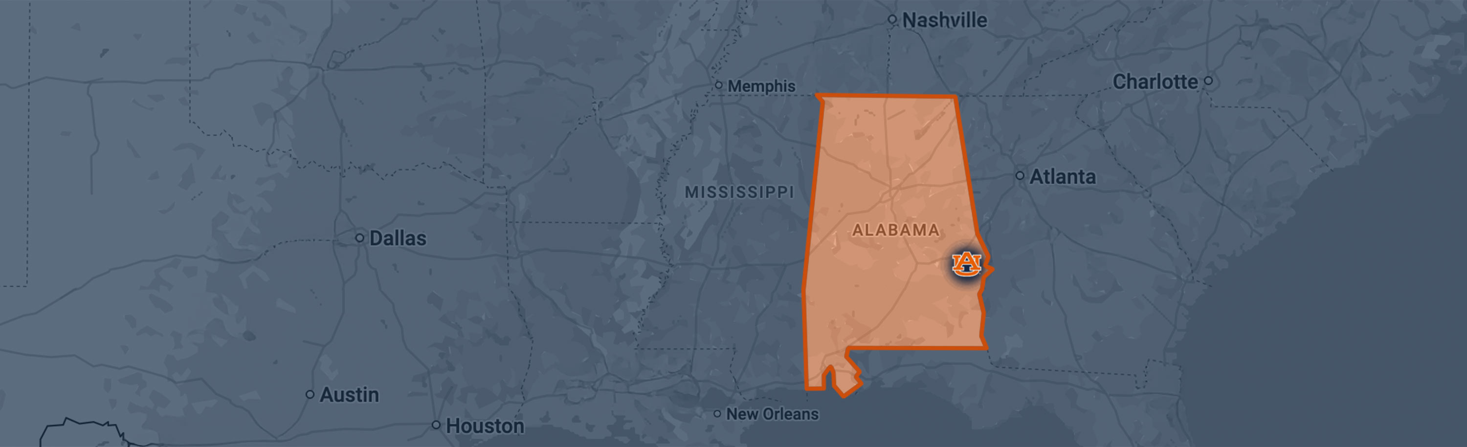 Regional map showing location of Auburn University