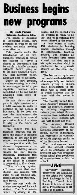 1970 Newspaper Article for new programs at the college of business